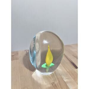 Vintage Beranek Czech Glass Paperweight with Yellow Calla Lily 5"H